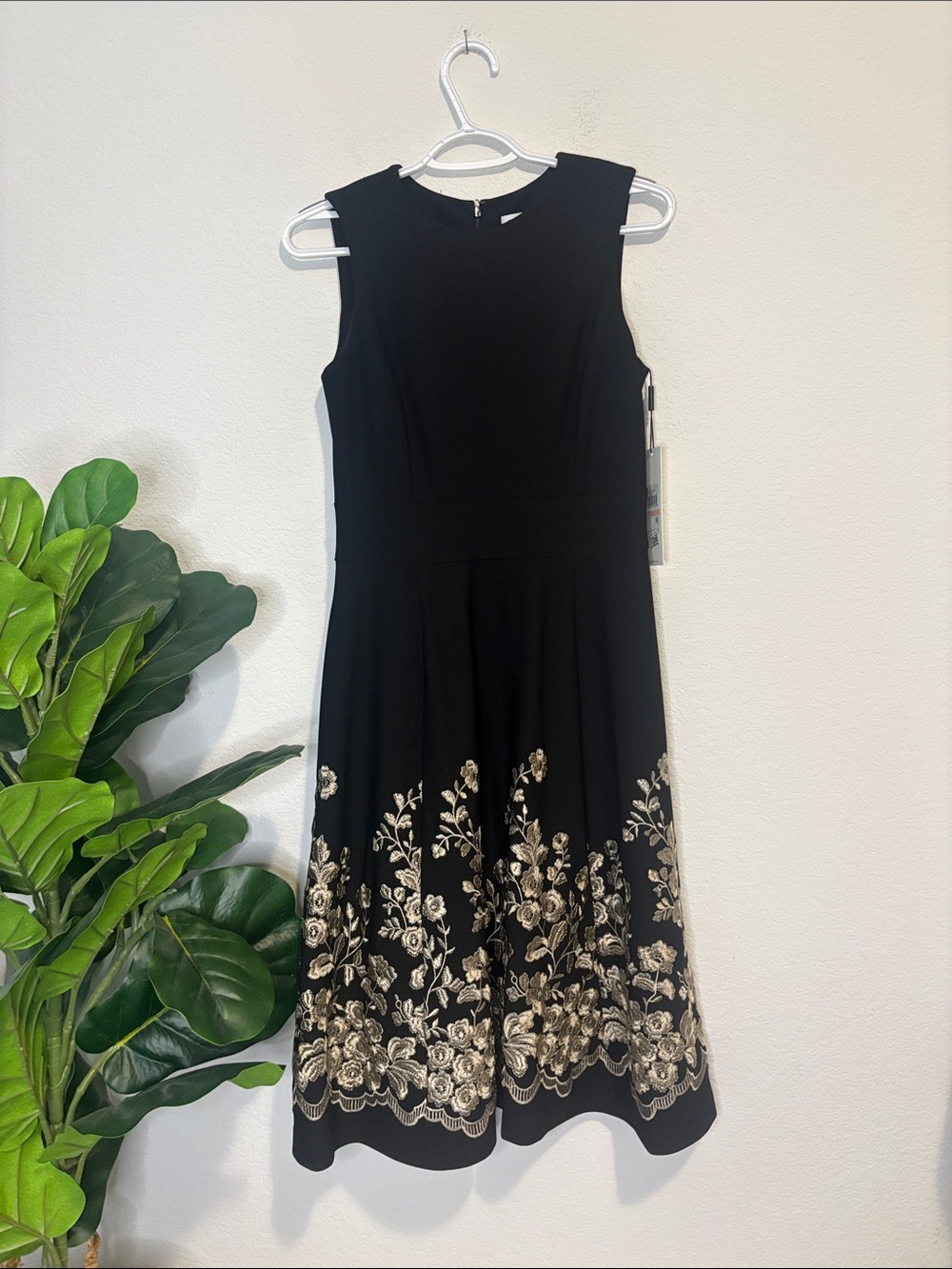 NWT Calvin Klein Black Sleeveless Fit & Flare Dress with Gold Floral Embroidery